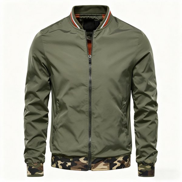 Camo-Accented Olive Green Bomber Jacket