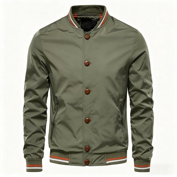 Button-Front Olive Green Bomber Jacket